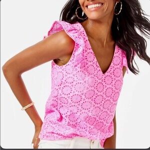 Lilly Pulitzer Lina Prosecco Pink Neon Geo Eyelet V-Neck Ruffle Sleeve Top